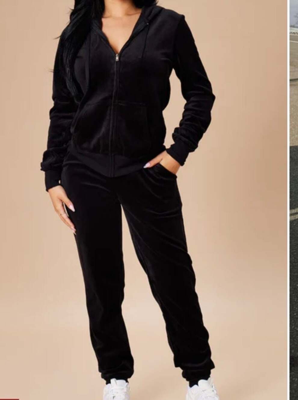 Fashion Nova Black Velour Zip-Up Hoodie and Jogger Tracksuit Set